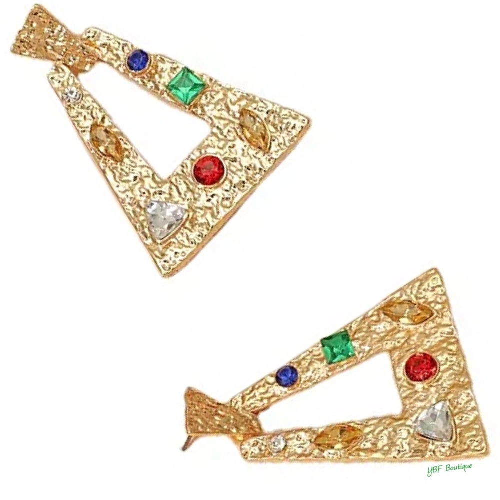 New Gold Red Blue Multicolor Rhinestone Textured Post Statement Earrings - Picture 4 of 5